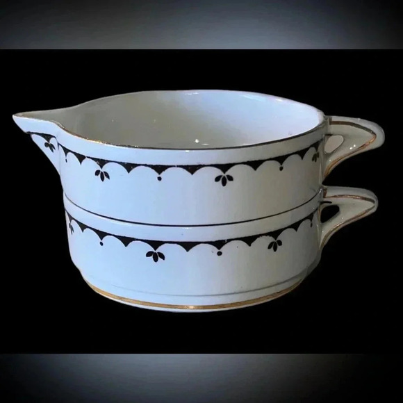 Vintage Very Small Creamer and Sugar Bowl 2 PC Set Black, White and Gold - Picture 1 of 6